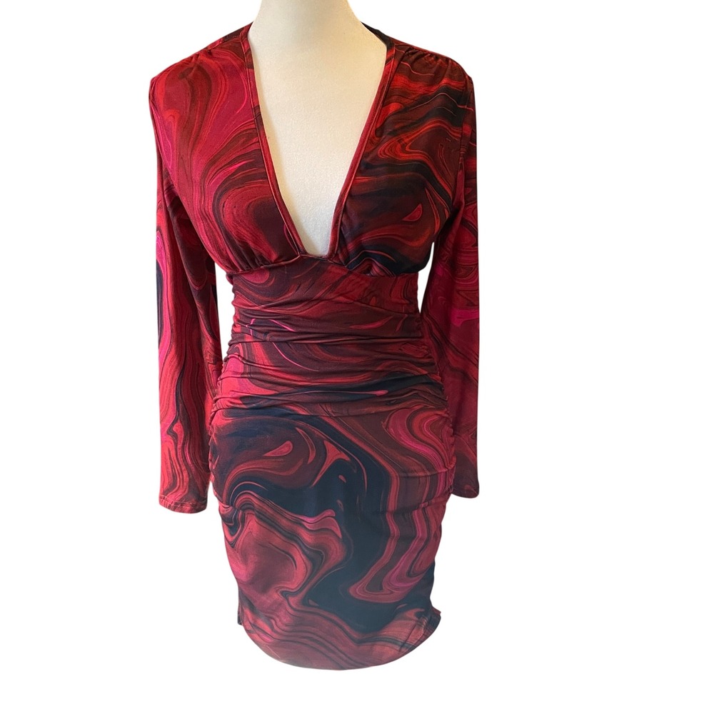 Y2K Womens Red Black Swirl Ruched Bodycon Mini Dress XS‎ Clubwear Party